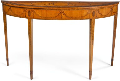 View full screen - View 1 of Lot 69. A GEORGE III STYLE TUILIPWOOD BANDED AND INLAID SATINWOOD SEMI-ELIPITCAL PIER TABLE, LATE 19TH CENTURY.
