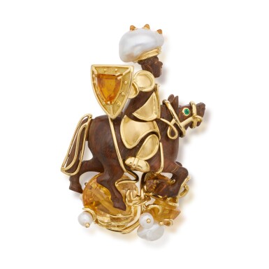 View full screen - View 1 of Lot 270. Gold, Citrine, Emerald and Cultured Pearl 'Chessman' Brooch.