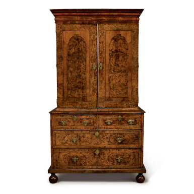 View full screen - View 1 of Lot 236. A GEORGE I 'MULBERRY' WOOD AND WALNUT CABINET ON CHEST, FIRST QUARTER 18TH CENTURY.