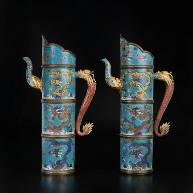 View full screen - View 1 of Lot 219. A pair of cloisonné enamel Tibetan-style 'dragon' ewers (Duomuhu), 17th century | 十七世紀 銅胎掐絲琺瑯海水趕珠龍紋多穆壺一對.