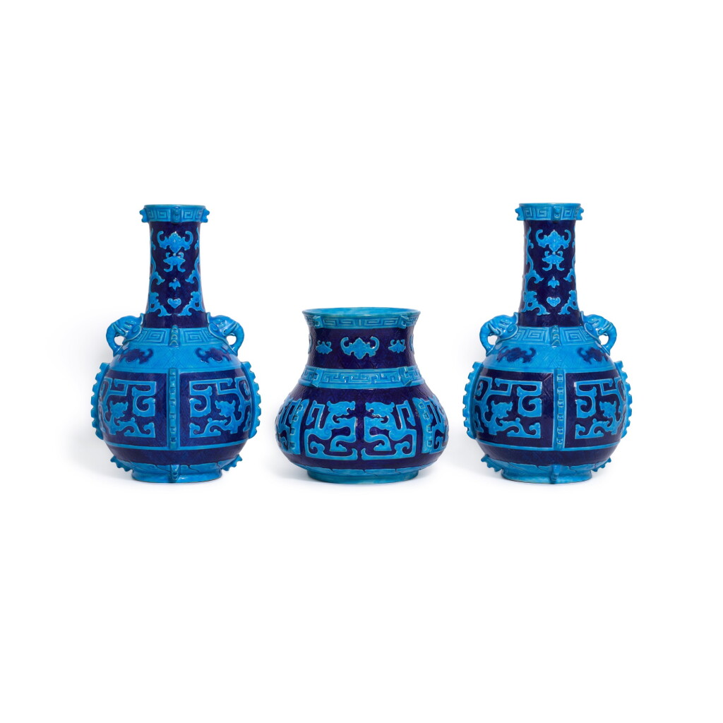 View full screen - View 1 of Lot 120. A garniture of three Royal Worcester majolica vases, Circa 1875.