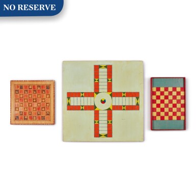 View full screen - View 1 of Lot 311. Group of Three American Polychrome Paint-Decorated Wooden Gameboards, 19th/20th century.