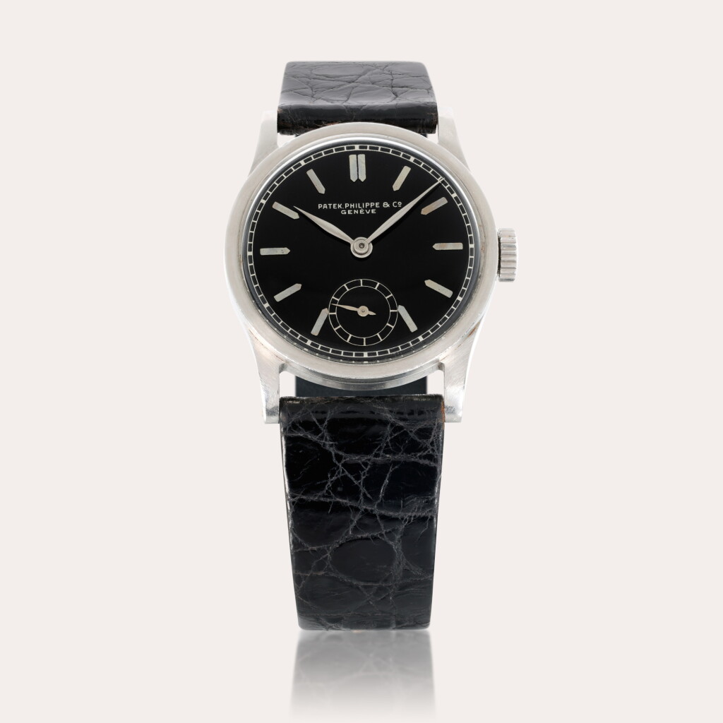 View full screen - View 1 of Lot 156. Calatrava, Reference 96 | A stainless steel wristwatch with black dial | Made in 1944.