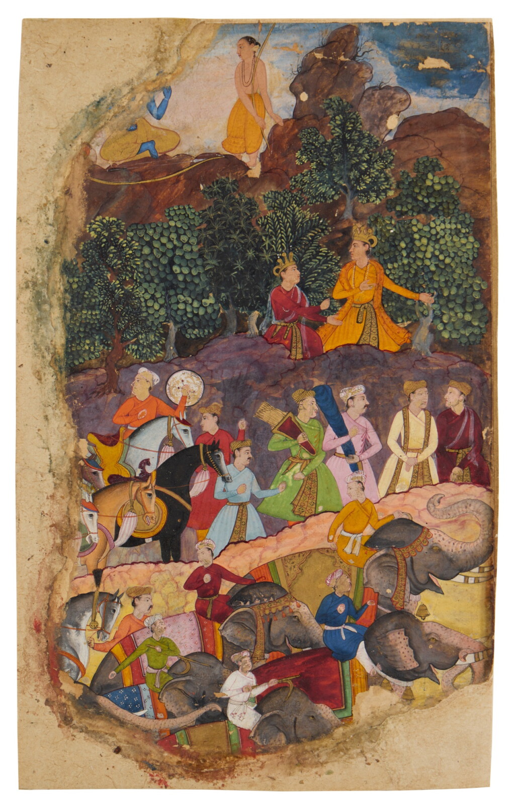 View full screen - View 1 of Lot 501. An Illustration to the Ramayana: Lakshmana urgently speaks with Rama as Bharata's army approaches, Sub-Imperial Mughal, circa 1600 - 1610.