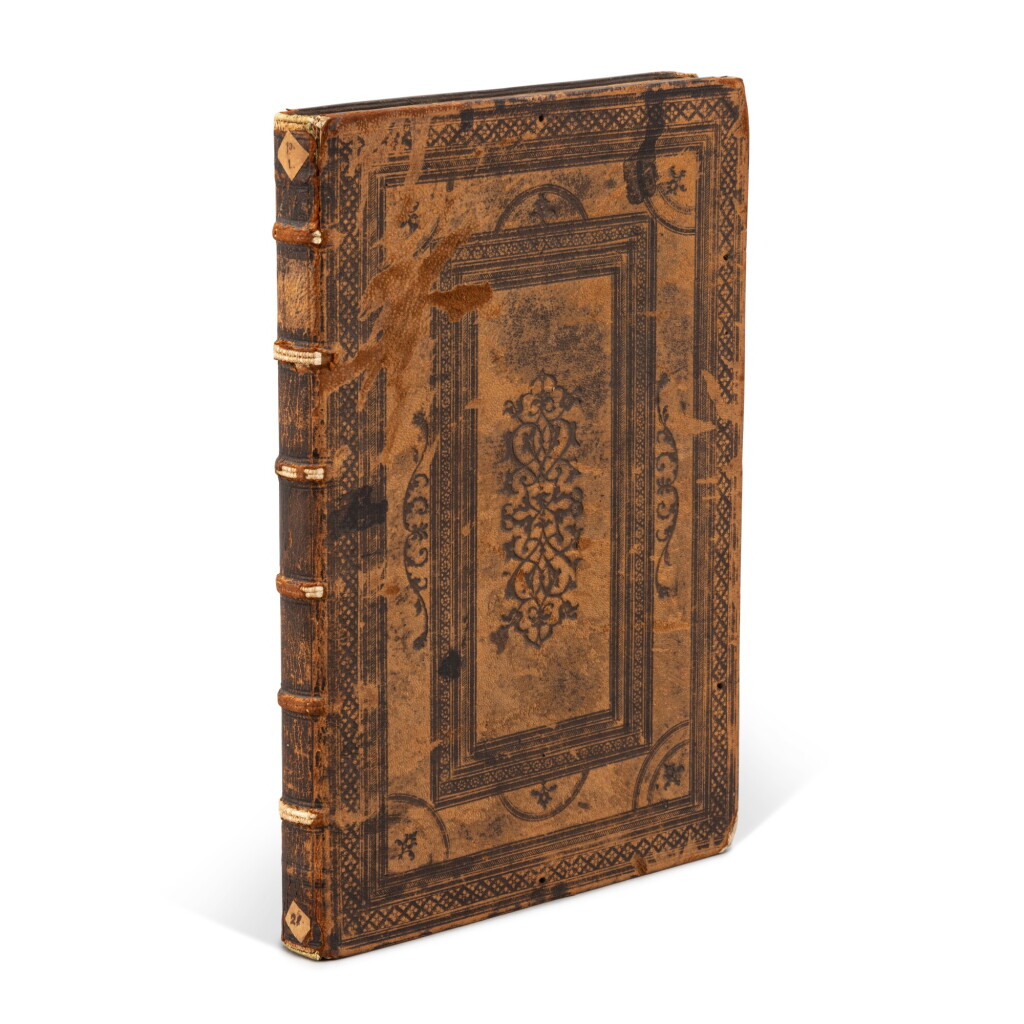View full screen - View 1 of Lot 799. Joannes Philoponus, Eis to peri geneseos, kai phthoras, Venice, Heirs of Aldo & Torresano, 1527, rough brown calf over pasteboards, ca. 1540 by the Compass Binder of Lyon, Macclesfield copy.