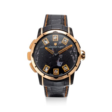 View full screen - View 1 of Lot 8003. CHRISTOPHE CLARET | BACCARA, REFERENCE BCR09.002-056TI | A LIMITED EDITION PINK GOLD AND PVD-COATED TITANIUM WRISTWATCH WITH STRIKING HAMMER, CATHEDRAL GONG AND THREE CASINO GAMES, CIRCA 2012 | Baccara 型號BCR09.002-056TI 限量版粉紅金及PVD塗層處理鈦金屬腕錶,備音槌、大教堂音簧及三款賭場遊戲,約2012年製.