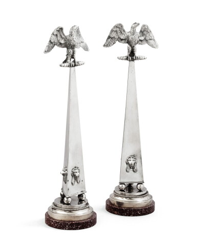 View full screen - View 1 of Lot 147. A pair of Italian silver obelisks with porphiry bases, Giuseppe Valadier, Rome, circa 1800, in a brown leather case | Paire d'obélisques en argent et base en porphyre par Giuseppe Valadier, Rome, vers 1800, dans un coffret en maroquin fauve.