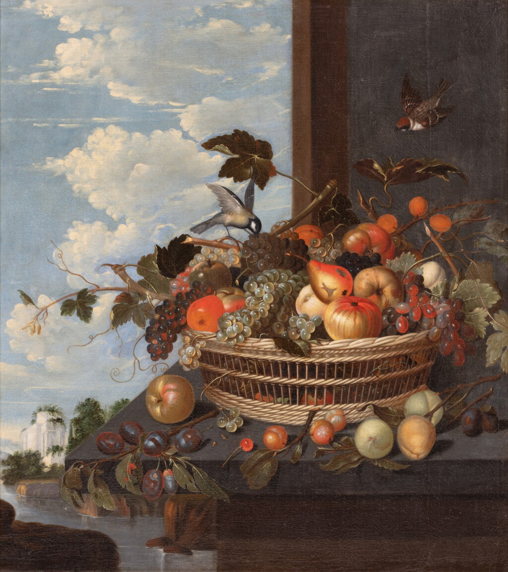 View full screen - View 1 of Lot 43. Flemish School, 17th Century, Still life of fruit in a basket on a ledge | Ecole flamande du XVIIe siècle, Nature morte au panier de fruits sur un entablement .