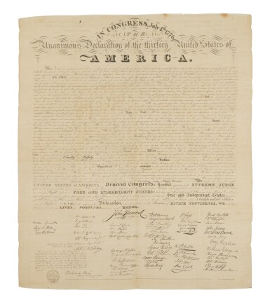 View full screen - View 1 of Lot 1312. Declaration of Independence | A rare printing on silk of the first facsimile of the Declaration of Independence.