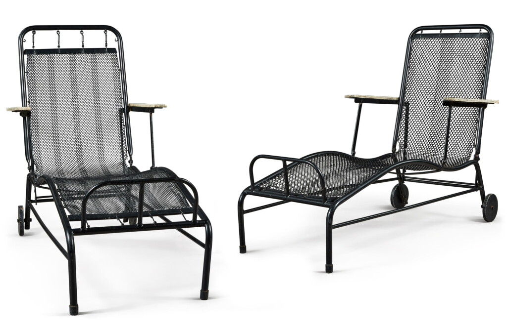 View full screen - View 1 of Lot 163. JEAN PROUVÉ ET JULES LELEU | A PAIR OF RECLINING CHAISES LONGUES FOR THE SANATORIUM MARTEL DE JANVILLE.