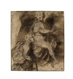 A kneeling draped male figure before a seated figure