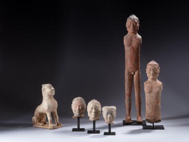 View full screen - View 1 of Lot 247. A group of five terracotta figures and heads, Han dynasty and later.