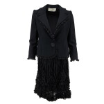 Haute Couture Black Wool Jacket with Beaded Ruffled Trim, Matching Skirt, 2000s