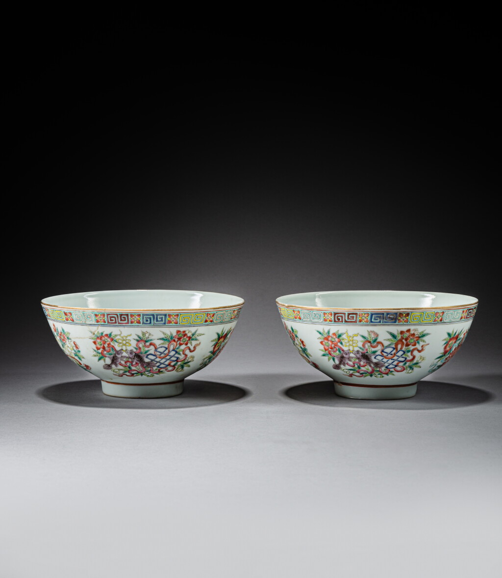 View full screen - View 1 of Lot 399. A pair of famille-rose 'bajixiang' bowls, Marks and period of Guangxu.