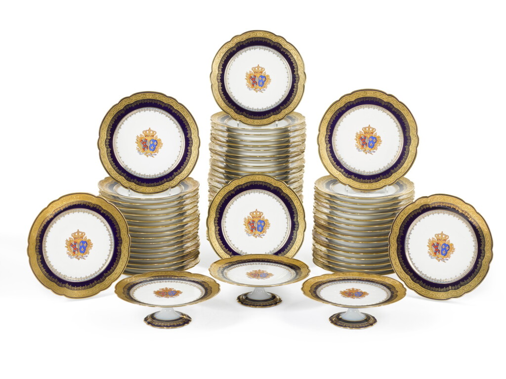 View full screen - View 1 of Lot 96. A FRENCH PORCELAIN ROYAL DATED ARMORIAL PART DESSERT SERVICE, 1886, PILLIVUYT ET CIE., PARIS.