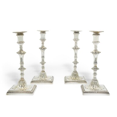 View full screen - View 1 of Lot 85. A set of four George III silver table candlesticks, probably Thomas Hannam and John Crouch, London, 1766.