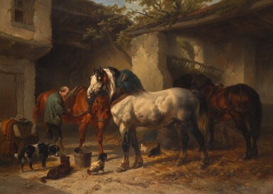 View full screen - View 1 of Lot 35. WOUTERUS VERSCHUUR | Horses in a Stableyard .