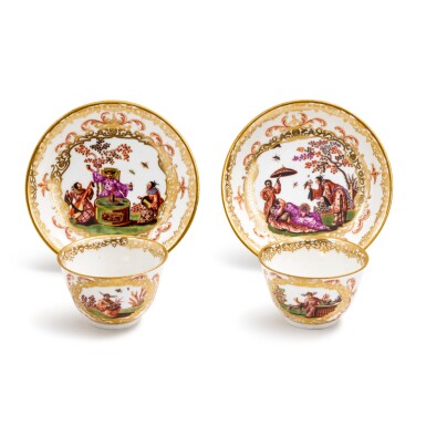View full screen - View 1 of Lot 298. A Pair of Meissen Chinoiserie Teabowls and Saucers, Circa 1725.