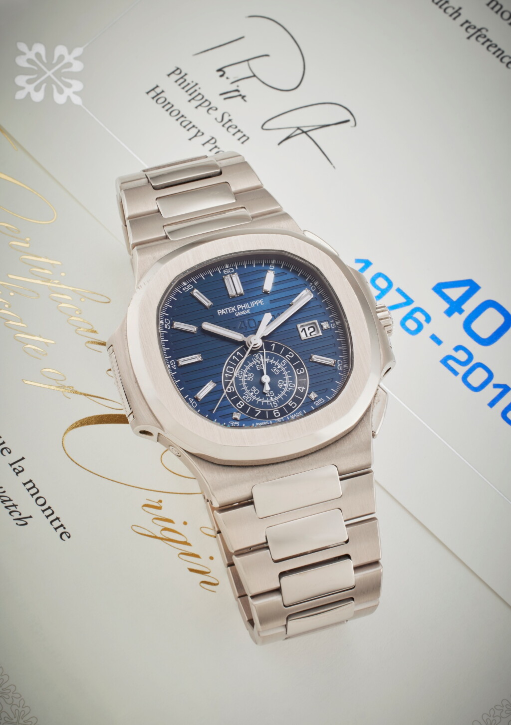 View full screen - View 1 of Lot 50. Reference 5976/1G-001 Nautilus ‘40th Anniversary’ | A limited edition white gold and diamond-set automatic flyback chronograph wristwatch with date and bracelet, Circa 2016.
