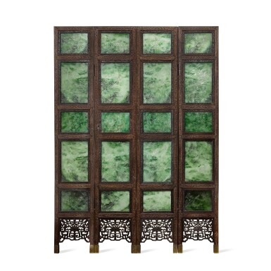 View full screen - View 1 of Lot 3629. A hardwood four-panel screen inset with jadeite plaques Late Qing dynasty | 晚清 硬木嵌翠玉四扇圍屏.