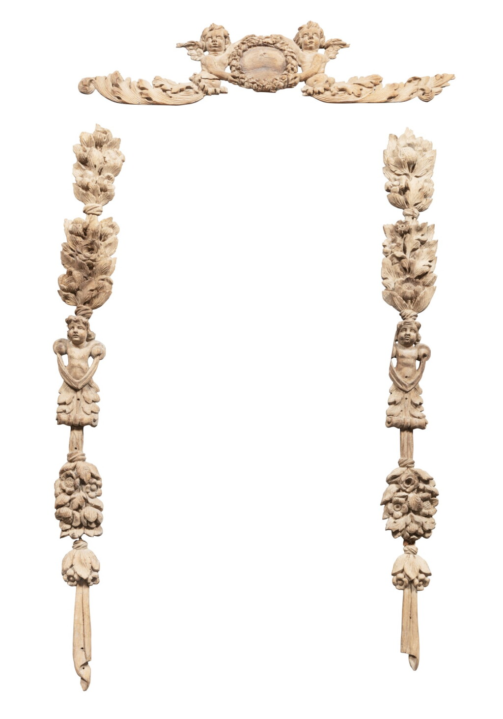 View full screen - View 1 of Lot 264. Lot of three sculpted oak ornamentation elements, 18th century.