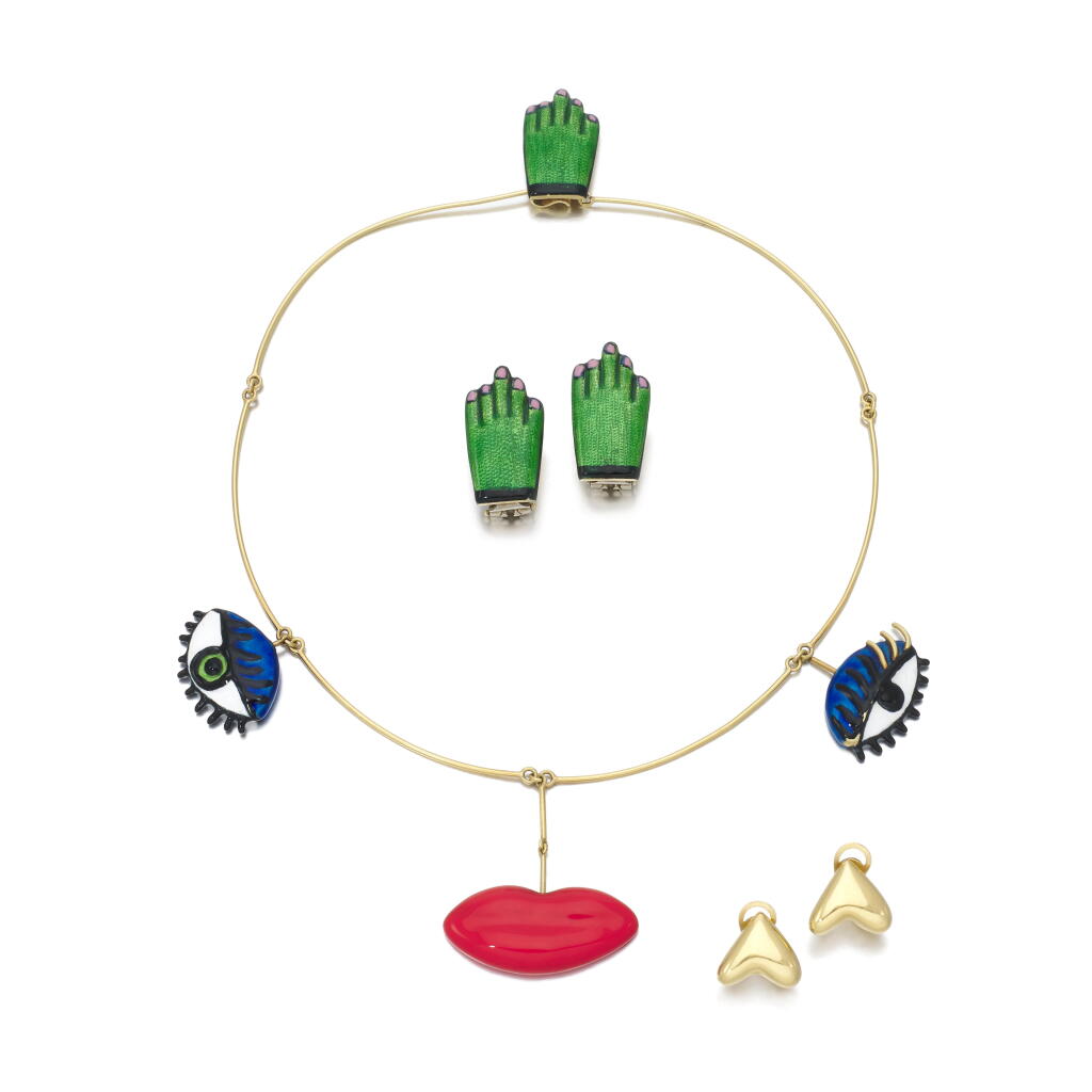 Voir en plein écran - Voir 1 du lot 105. Enamel necklace and ear clips | Collana e orecchini in smalti.