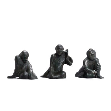 View full screen - View 1 of Lot 760. Three bronze 'comedians' weights, Han dynasty | 漢 青銅說唱俑 一組三件.
