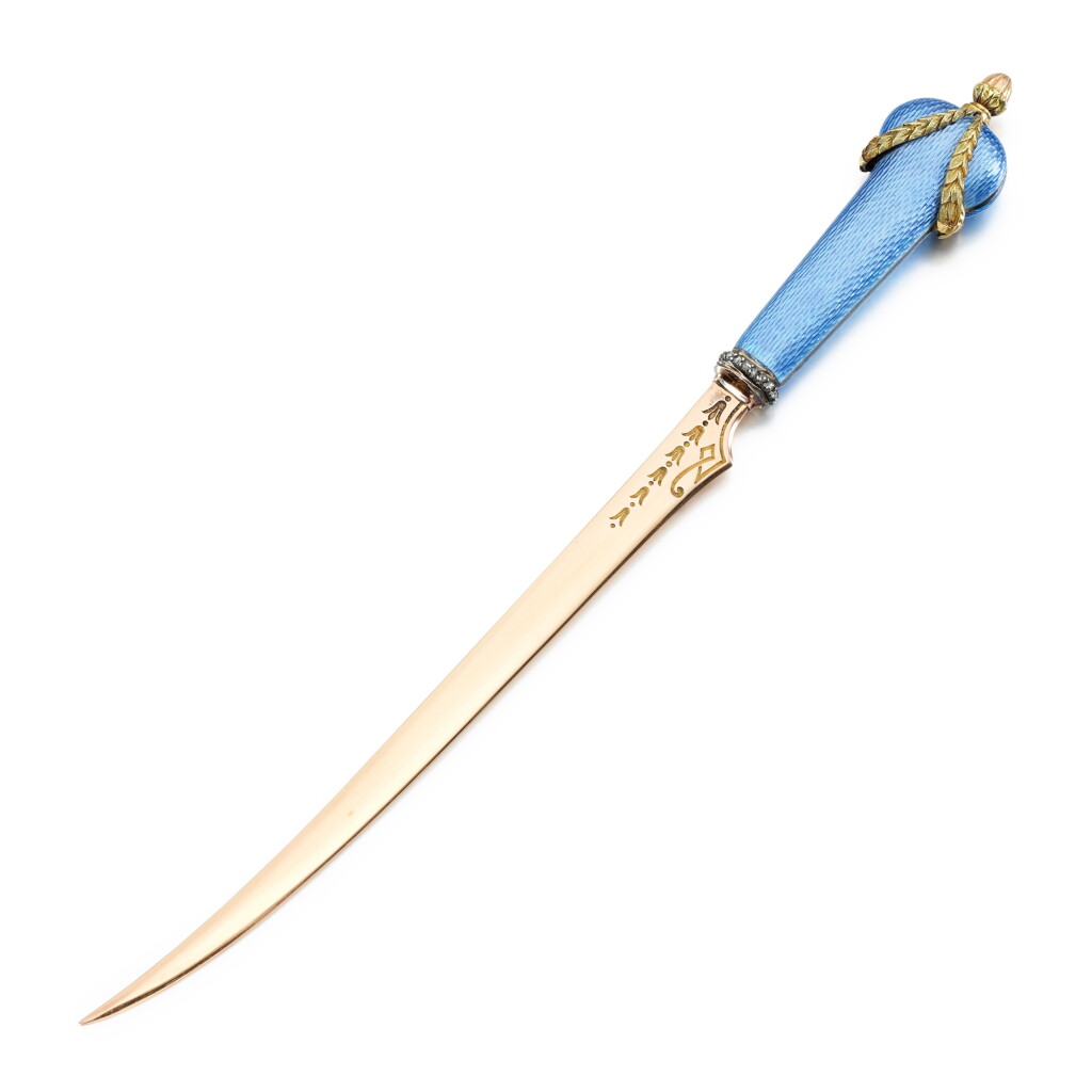 View full screen - View 1 of Lot 1299. A Fabergé jewelled varicoloured gold and guilloché enamel paper knife, workmaster Michael Perkhin, St Petersburg, 1899-1903.
