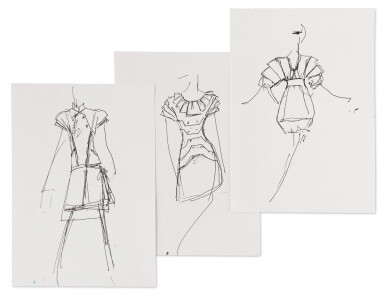 View full screen - View 1 of Lot 51. Three original sketches for fashion | Trois croquis de mode originaux.