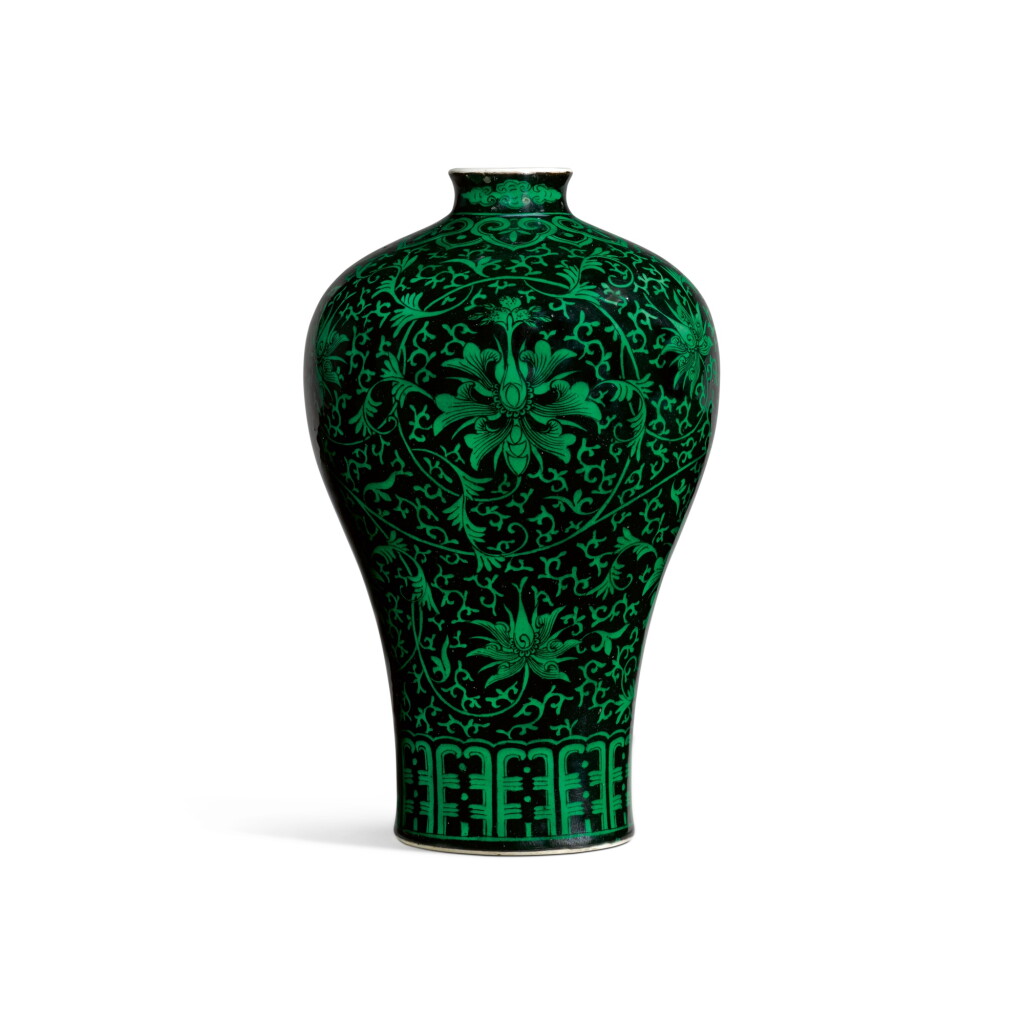View full screen - View 1 of Lot 150. A rare black-ground and green-enamelled 'floral' meiping, Seal mark and period of Qianlong | 清乾隆 墨地綠彩纏枝花卉紋梅瓶 《大清乾隆年製》款.