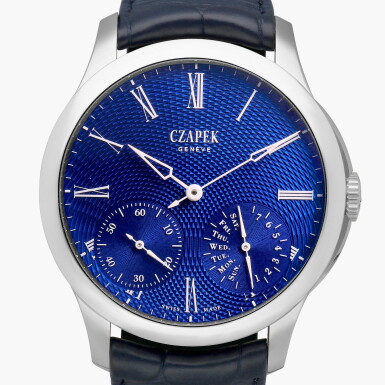 View full screen - View 1 of Lot 373. Quai des Bergues ‘Sapphire Blue L’ | A stainless steel wristwatch with power reserve indication and enamel dial | Circa 2023.