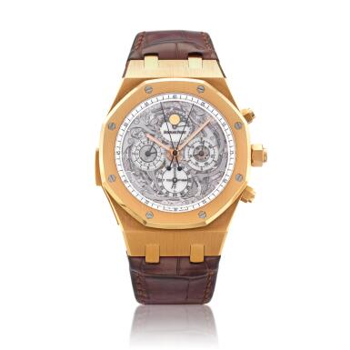 View full screen - View 1 of Lot 98. Royal Oak Grand Complication Reference 26065OR, A rare and impressive pink gold skeletonized minute repeating perpetual calendar split-seconds chronograph wristwatch with leap year and week indication, and moon phases, Circa 2005 愛彼 26065OR 型號 Royal Oak Grand Complication 罕有粉紅金鏤空三問萬年曆追針計時腕錶備閏年、星期及月相顯示,約2005年製.