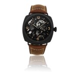 PANERAI | LO SCIENZIATO RADIOMIR TOURBILLON GMT REF PAM00350, A BLACK CERAMIC SKELETONIZED DUAL TIME ZONE WRISTWATCH WITH TOURBILLON DAY/NIGHT AND 6 DAY POWER RESERVE INDICATION CIRCA 2010