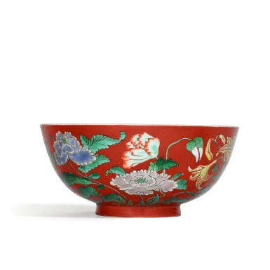 View full screen - View 1 of Lot 11. A rare coral-ground famille-verte 'floral' bowl, Yuzhi mark and period of Yongzheng | 清雍正 珊瑚紅地五彩九秋同慶紋盌 《雍正御製》款.