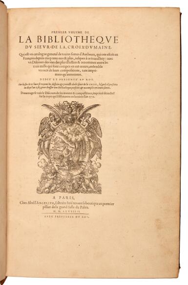View full screen - View 1 of Lot 181. La Croix du Maine, Premier volume de la bibliothèque, Paris, 1584, eighteenth-century green morocco gilt, large-paper copy.