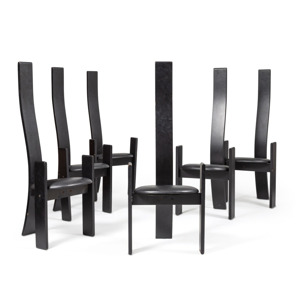 View full screen - View 1 of Lot 545. Six Golem chairs, designed in 1960s | Sechs Golem Stühle aus lackiertem Holz und Leder, Entwurf von 1960.