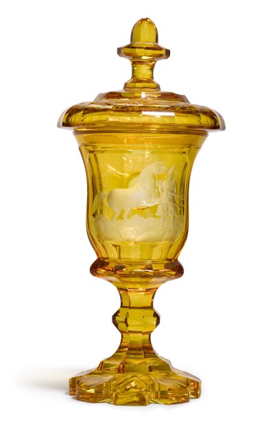 View full screen - View 1 of Lot 170. A Bohemian amber-stained and engraved glass goblet and cover, 19th century.