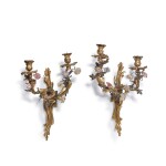 A Pair of Louis XV Style Gilt Bronze and French Porcelain Flower Wall Lights, 19th Century