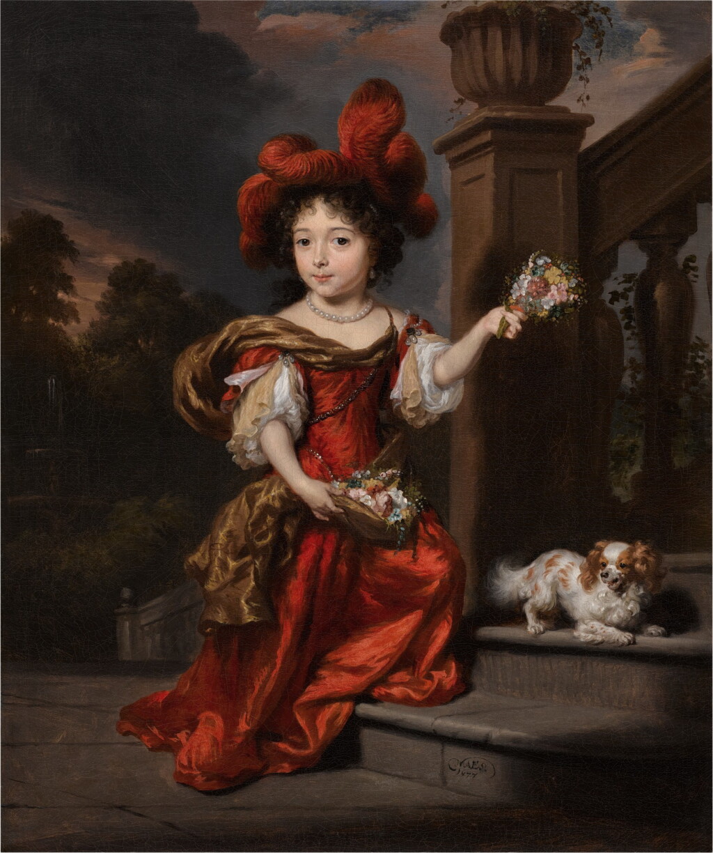 View full screen - View 1 of Lot 151. Portrait of Beatrix Van Alphen (1672–1728) at the age of five, full-length, wearing a red silk dress and feathered hat, holding a basket of flowers, with a papillon spaniel.