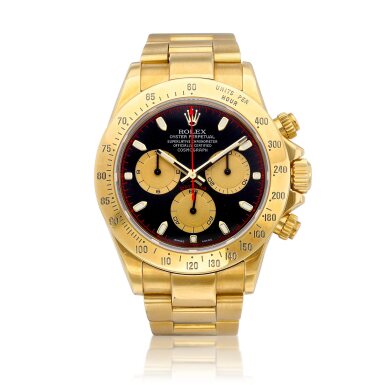 View full screen - View 1 of Lot 8031. Cosmograph Daytona, Reference 116528 | A yellow gold chronograph wristwatch with bracelet, Circa 2000 | 勞力士 | Cosmograph Daytona 型號116528 | 黃金計時鏈帶腕錶,約2000年製.