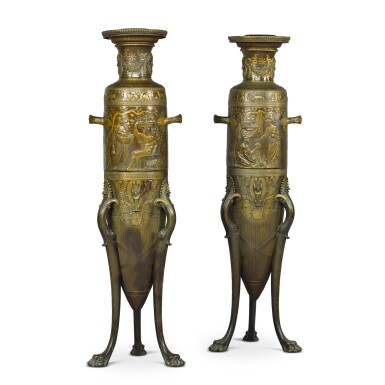 View full screen - View 1 of Lot 72. A pair of French neo-grec style patinated bronze amphora vases, late 19th century, attributed to F. Barbedienne, after a design by F. Levillain.