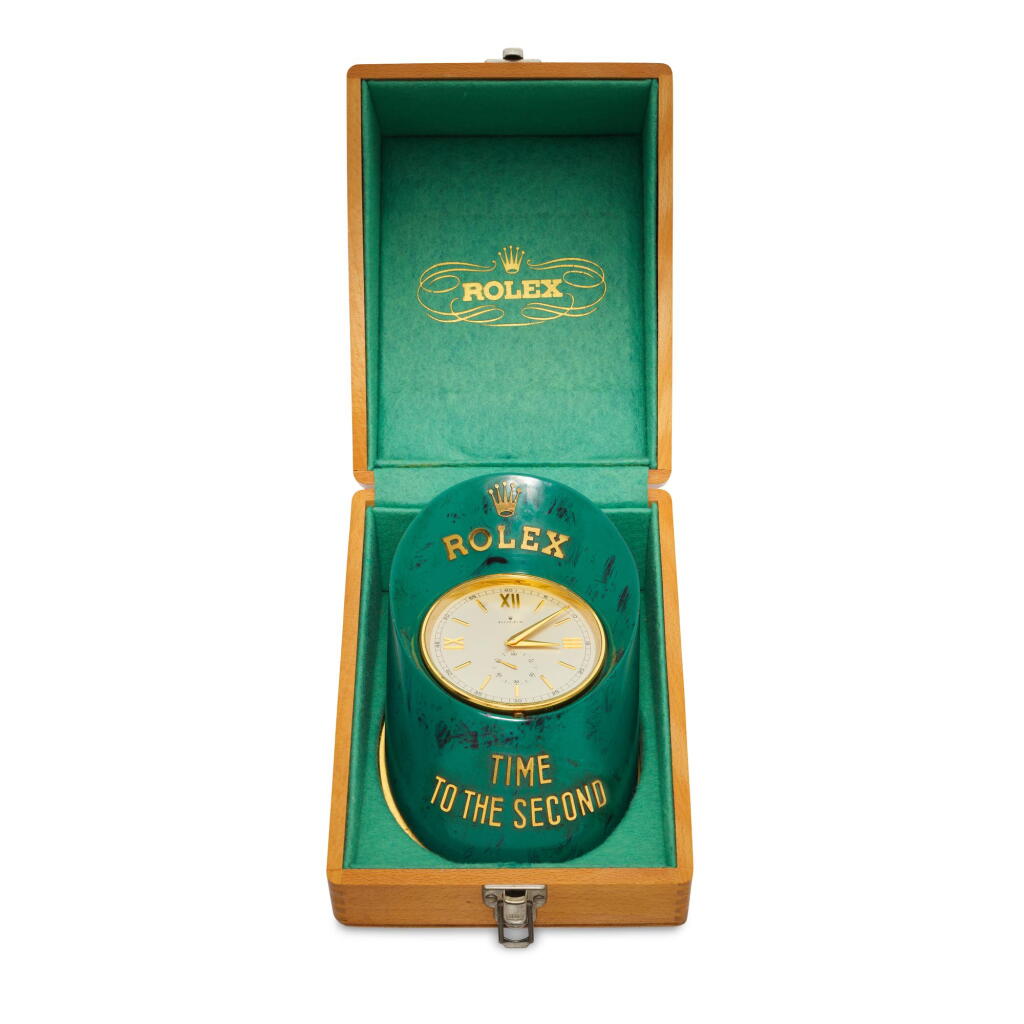 View full screen - View 1 of Lot 178. Time To The Second A gilt brass and printed desk timepiece with stop feature, Circa 1960 .