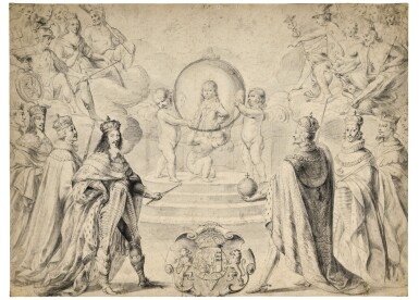 View full screen - View 1 of Lot 28. Allegorical scene of Monarchs, including Louis XIII of France, celebrating the accession to the Duchy of Savoy of Charles Emmanuel II, Prince of Piedmont, in 1638.