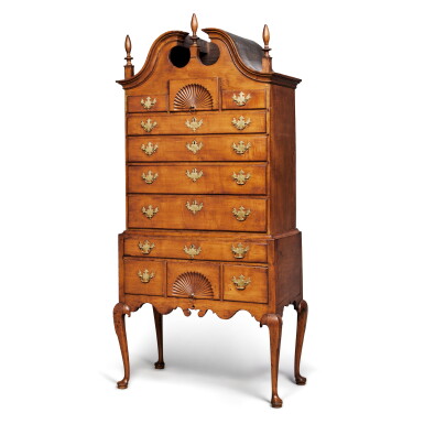 View full screen - View 1 of Lot 845. A Fine Queen Anne Carved and Figured Maple Bonnet-Top High Chest of Drawers, Salem, Massachusetts, Circa 1765.