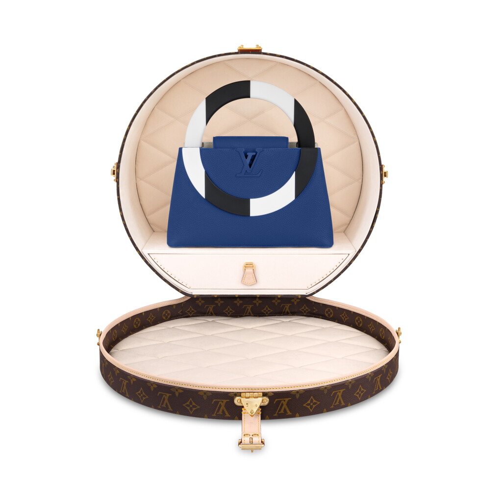 View full screen - View 1 of Lot 22. Daniel Buren Unique Edition Taurillon leather Artycapucines MM Silver-Color And Varnished Metal Hardware and Its Custom Boîte Chapeau, 2022.