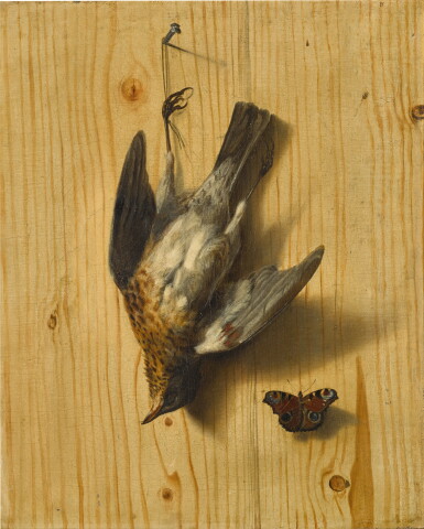 View full screen - View 1 of Lot 154. Trompe l’œil with a thrush hanging from a nail and a pinned peacock butterfly.