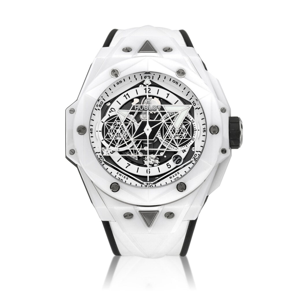 View full screen - View 1 of Lot 2302. Big Bang Unico Sang Bleu II, Reference 418.HX.2001.RX.MXM21 | A limited edition ceramic and titanium semi-skeletonised flyback chronograph wristwatch with date, Circa 2021 | 宇舶 | Big Bang Unico Sang Bleu II 型號418.HX.2001.RX.MXM21 | 限量版陶瓷及鈦金屬半鏤空飛返計時腕錶,備日期顯示,約2021年製.