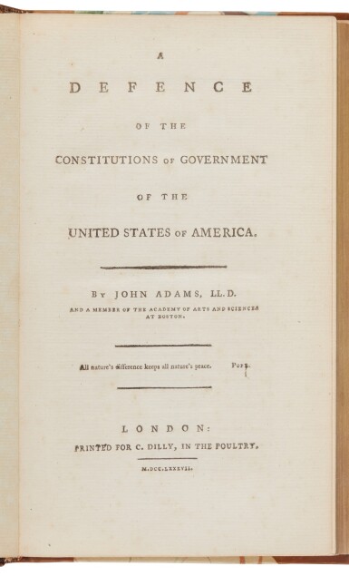 View full screen - View 1 of Lot 77. Adams, John | First complete edition of Adams's most powerful political discourse.