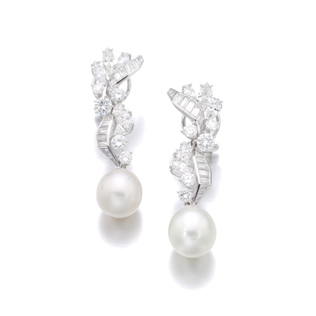View full screen - View 1 of Lot 574. MEISTER | PAIR OF CULTURED PEARL AND DIAMOND PENDENT EARRINGS.