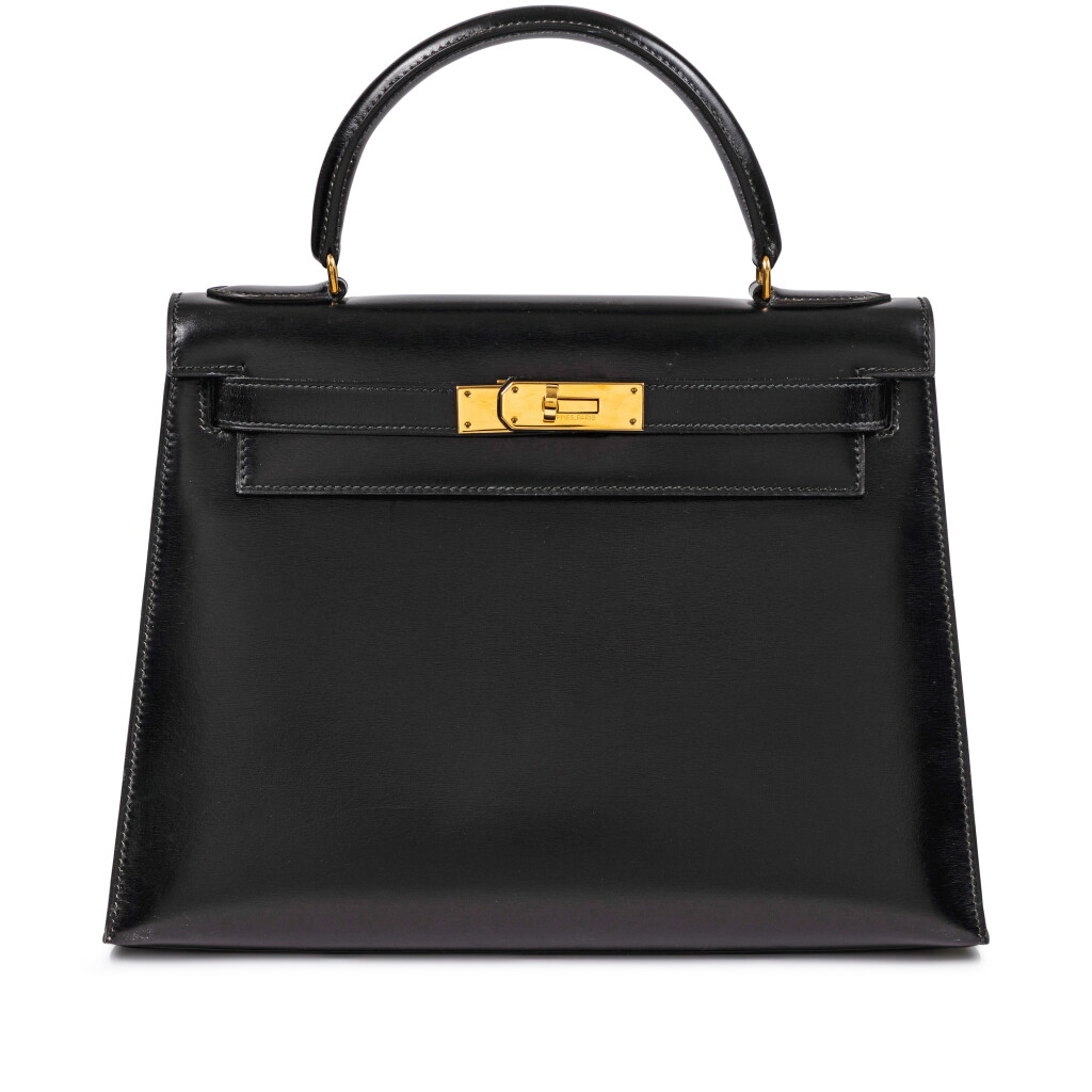 View full screen - View 1 of Lot 693. Vintage Black Box Kelly 28 Sellier Gold Hardware, 1981.